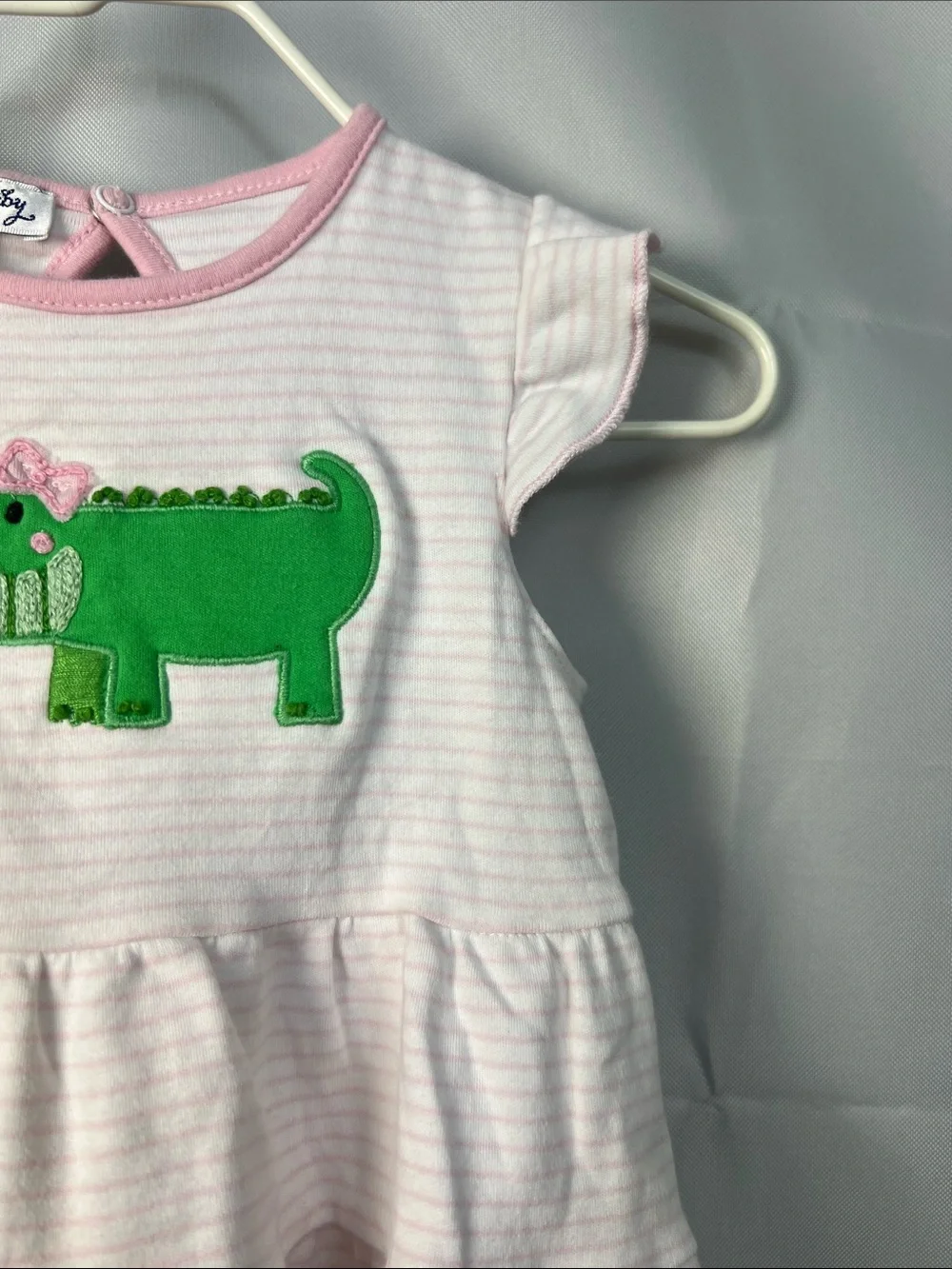 Magnolia Baby pink & white stripe  tiered dress with alligator appliqué 12 Mon